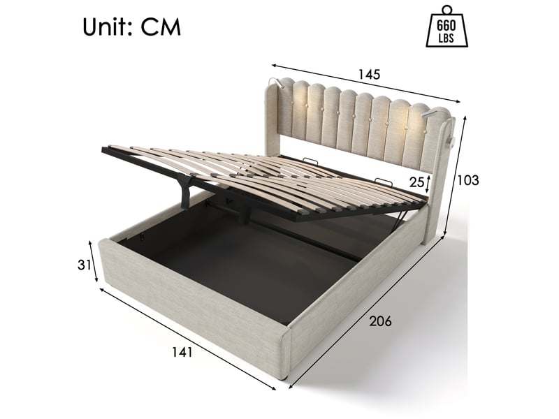  Modenvie lit coffre 140x200 cm - tête de lit avec liseuse usb et rangement, avec matelas - beige  - Conforama C