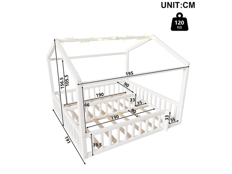  Lit avec barrière simple, coffre, led réglable et étagères 90×190 cm et 180×190 cm, sans matelas, en pin, blanc  - Conforama E