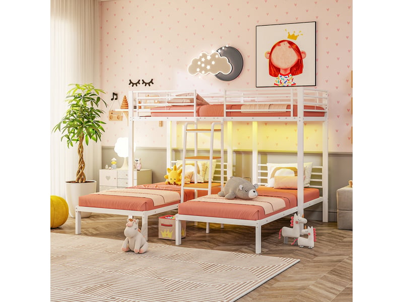 Lit superposé triple 90x200 cm en métal et mdf, 3 couchages en l, échelle intégrée à 4 marches et barrières de sécurité, blanc - Conforama D