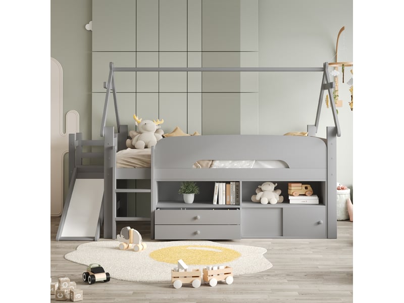  Lit mezzanine enfant 90x200 cm avec toit, toboggan et rangement en bois et mdf gris et blanc sans matelas  - Conforama D