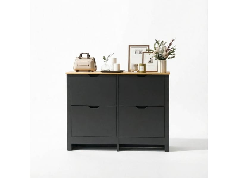  Meuble à chaussures tcqpz 16 paires 105 x 26 x 80 cm 4 portes abattantes étagères réglables panneau de particules e1 noir et décor bois naturel  - Conforama D