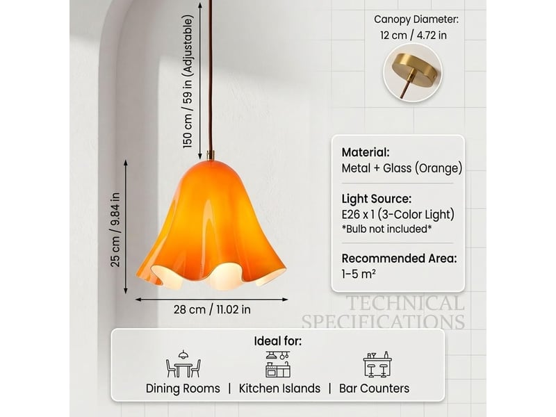  Suspension en verre ondulé en forme de fleur, douille e27, cordon réglable 150 cm, lampe suspendue pour cuisine et salle à manger, orange  - Conforama D