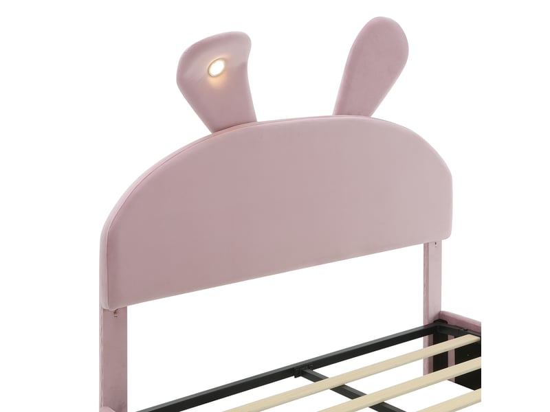  Lit coffre 140 x 200 cm en velours rose avec oreilles de lapin, led et 2 poufs Fay Lum - Conforama D