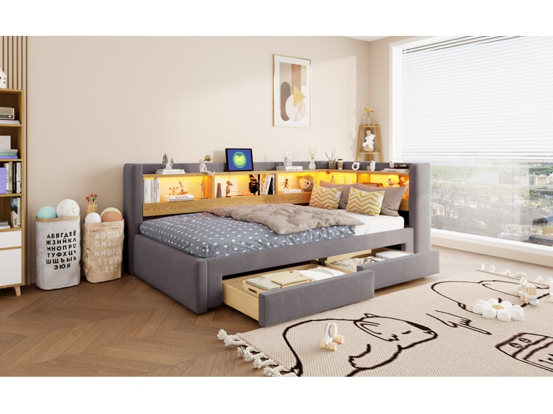 Lit banquette 90 × 200 cm extensible en 180 × 200 cm, tiroirs, led réglable et prise, sans matelas, gris - Conforama C