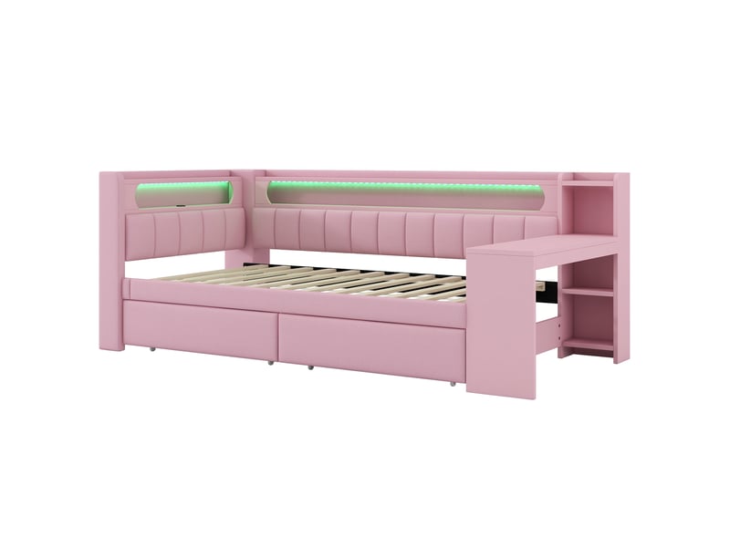Lit plateforme 90x200 cm avec bureau, 2 tiroirs, led 7 couleurs, ports usb, tissu lin rose, sans matelas - Conforama E