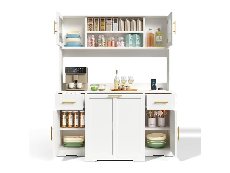  Meuble de cuisine avec plan de travail, tiroirs, double poubelle coulissante et vitrine, blanc, 173 × 140 × 40 cm  - Conforama A