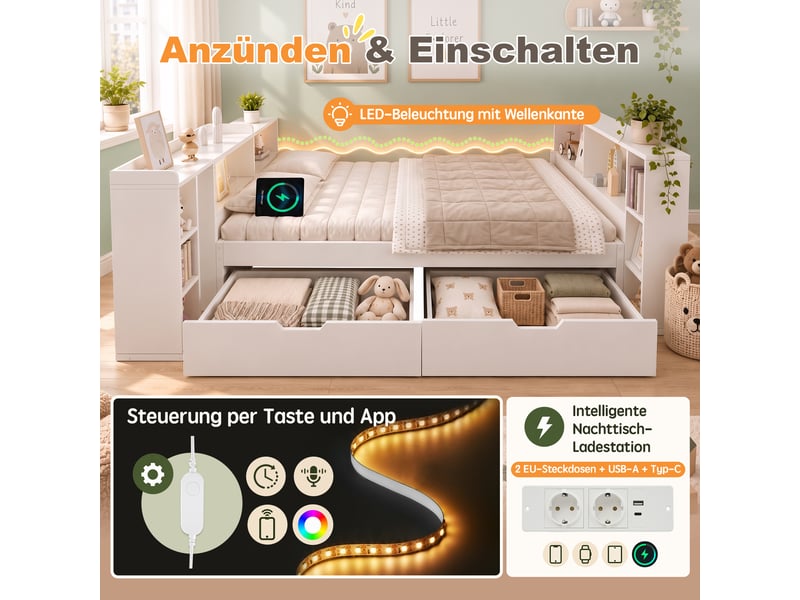  Lit multifonction rangement 140x190 cm avec, led et station usb type-c, 2 tiroirs, tablette coulissante gauchedroite, blanc Morn Vibe - Conforama E