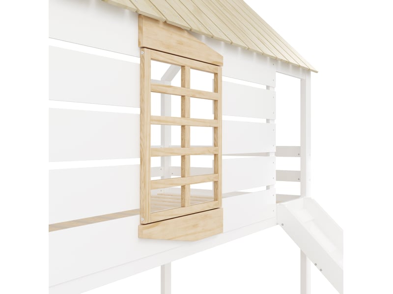 Lit superposé enfant 90x200, bois, en mdf, toboggan et lit gigogne en forme de maison, naturel et coloris blanc, sans matelas - Conforama E
