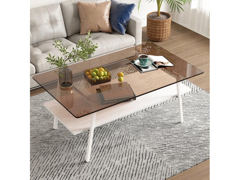  Table basse rectangulaire 98 x 58 x 42,5 cm en mdf et verre trempé avec tablette marron et blanc chicfurn  - Conforama C