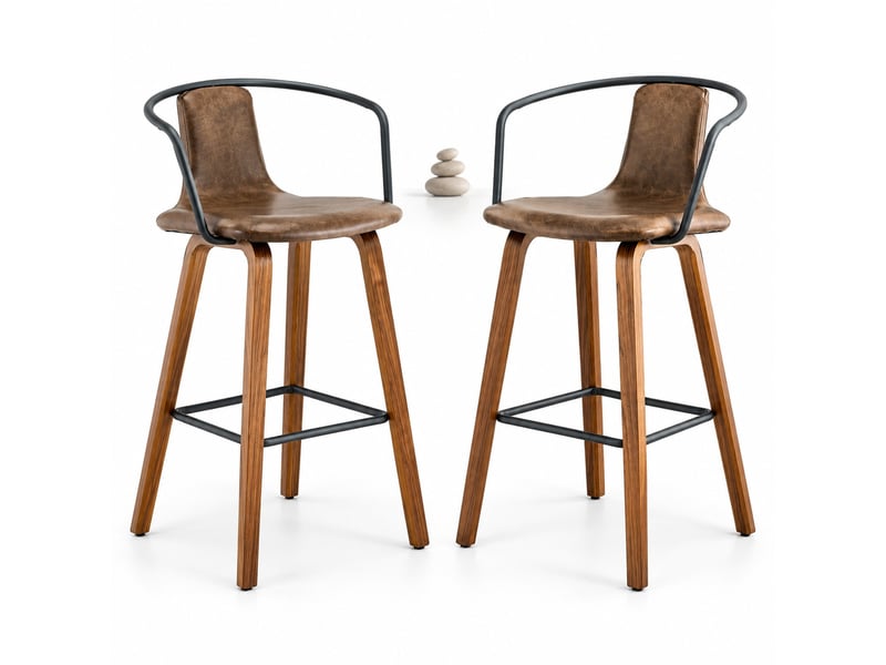  Lot de 2 tabourets de bar 42 cm avec accoudoirs ergonomiques, pieds en bois et repose-pieds en métal, couleur marron  - Conforama A