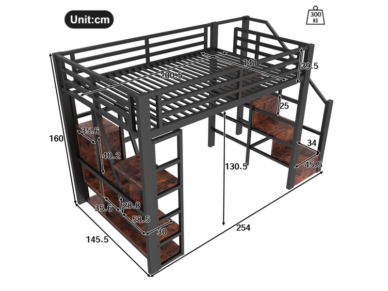  Lit mezzanine enfant 140x200 cm avec led, rangements et escalier noir  - Conforama C