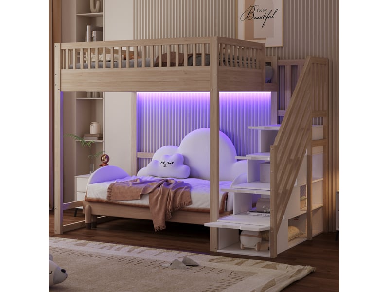  Lit mezzanine 140 × 200 avec escalier de rangement, garde-corps et bande led, en bois couleur naturelle  - Conforama E