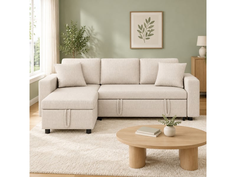  Canapé d'angle convertible 3-4 places avec méridienne réversible, coffre, poches et coussins en tissu beige  - Conforama C
