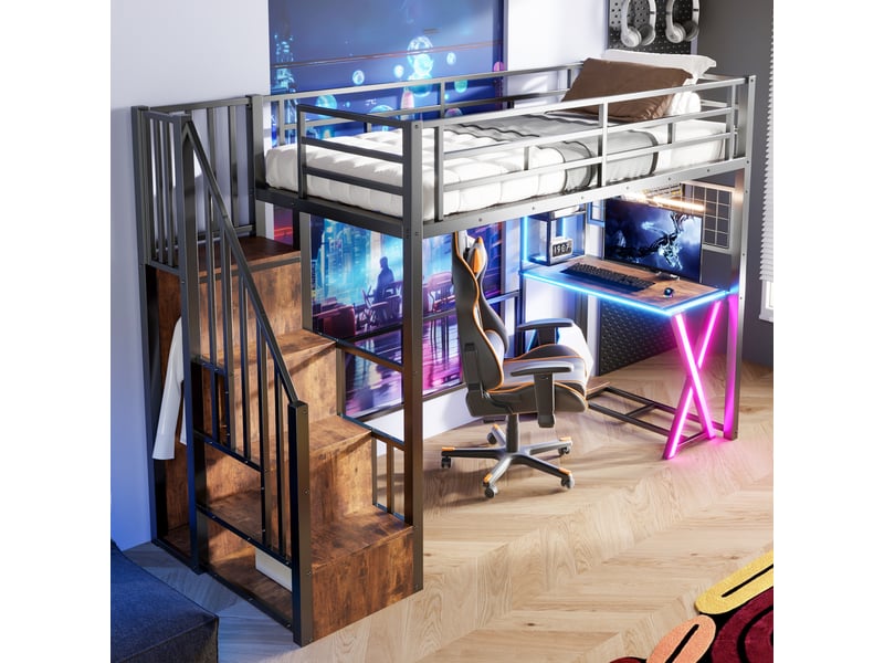  Lit mezzanine 90 x 200 cm avec bureau et armoire, échelle de rangement, éclairage led, structure en métal et mdf noir  - Conforama B