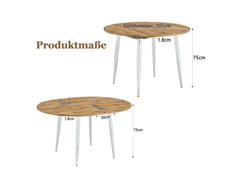  Table à manger ronde extensible 107 à 137x75 cm transformable en ovale plateau mdf pieds métal effet bois BUBBLY - Conforama C