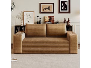 Canapé droit 2 places 180 cm en velours côtelé, assise profonde, mousse haute élasticité, sans montage, marron