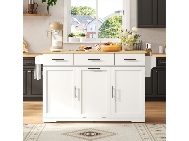  Desserte de cuisine mobile 136 cm en mdf blanc et bois clair, 3 tiroirs, prises usb et plan rabattable  - Conforama B