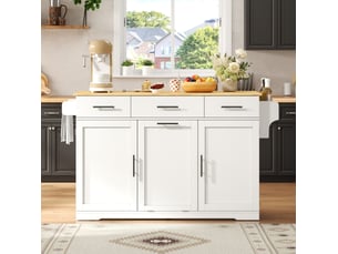 Desserte de cuisine mobile 136 cm en mdf blanc et bois clair, 3 tiroirs, prises usb et plan rabattable