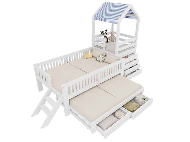 Lit enfant cabane blanc avec lit gigogne, escalier et rangements 90 x 200 cm - Conforama A