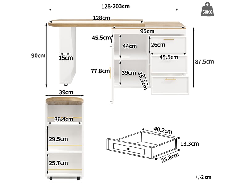  Table de bar pivotante à 360° extensible 128-203 cm avec rangements, blanche  - Conforama C