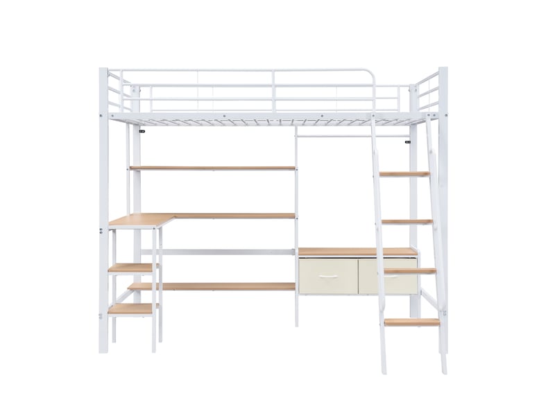  Lit superposé en métal et mdf 90x200 cm blanc et naturel avec bureau étagère de rangement échelle inclinée quatre marches et deux boîtes de rangement en tissu Sol Morn - Conforama A
