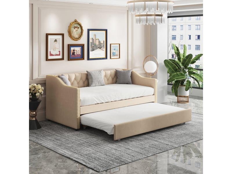  Lit de repos extensible 90 x 200 cm, canapé-lit avec lit gigogne, lit pour enfant (chambre ou salon), revêtement en tissu, sans matelas  - Conforama B