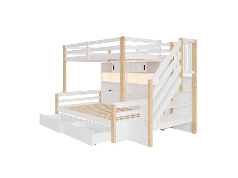  Lit superposé 90 × 200 cm, pin et mdf, escalier à rangements, étagères, led, usb, tiroirs, blanc et naturel, 253 cm  - Conforama A