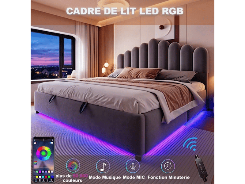  Lit coffre 180x200 velours gris avec rangement hydraulique et éclairage led sans matelas  - Conforama D