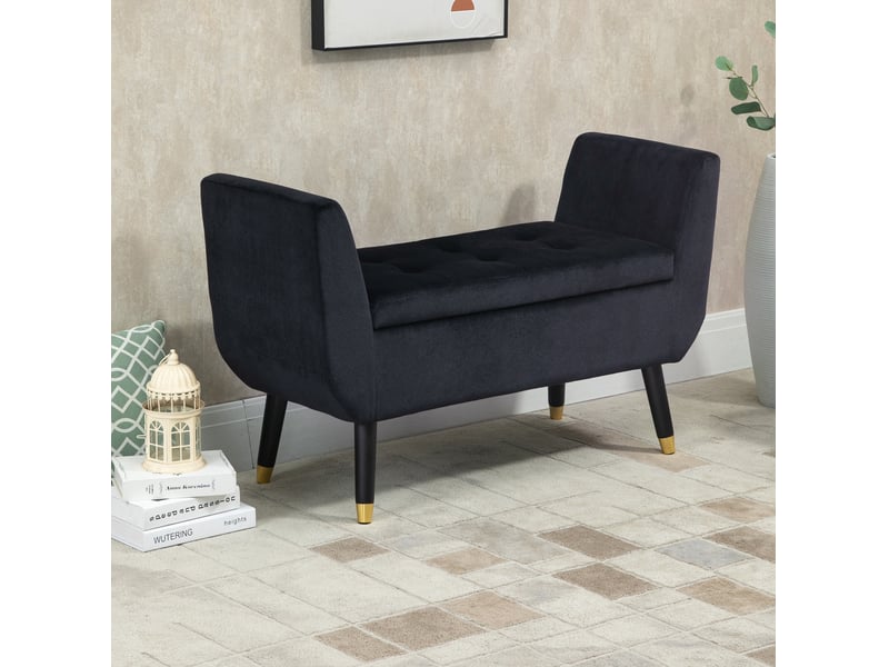  Banquette coffre 107 x 42 x 65 cm noire en polyester effet velours, avec accoudoirs et pieds en bois d'hévéa  - Conforama B