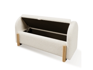 Banc de rangement 106 cm avec coffre hydraulique tissu bouclette blanc et pieds en bois massif