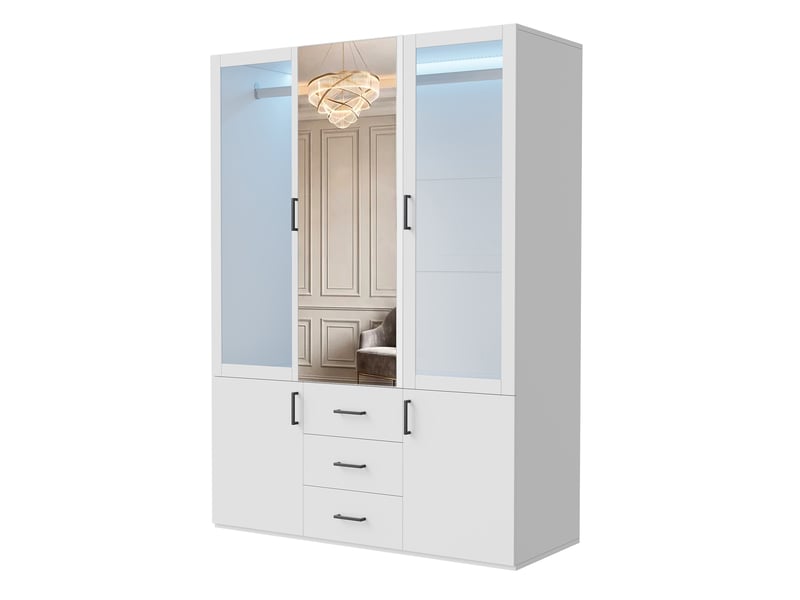  Armoire blanc,led,2 portes transparentes, miroir ,3 tiroirs ,1 penderies,2 portes battantes,l 130 x h 181.5 x p 51.8 cm  - Conforama A
