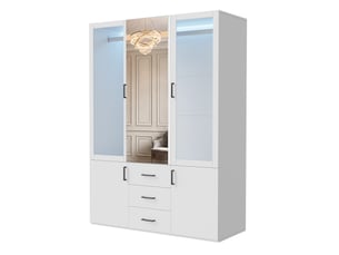 Armoire blanc,led,2 portes transparentes, miroir ,3 tiroirs ,1 penderies,2 portes battantes,l 130 x h 181.5 x p 51.8 cm