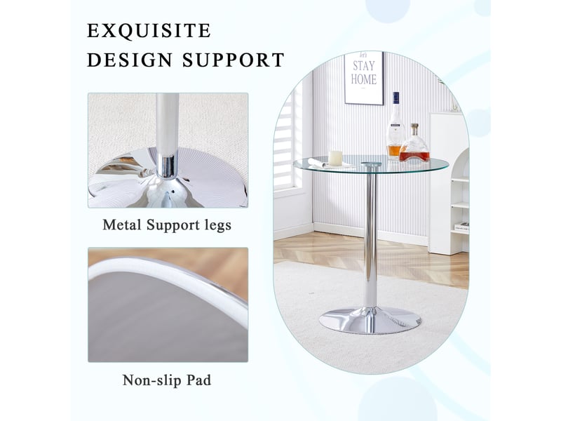  Table de bar ronde avec plateau en verre transparent et base en métal argenté, diamètre 89 cm, hauteur 92 cm  - Conforama E