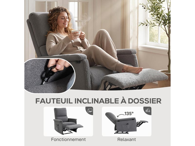  Fauteuil de massage inclinable en tissu teddy gris 69x84x99 cm  - Conforama D