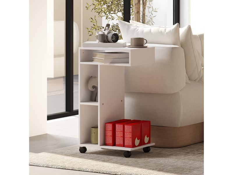  Table basse avec 3 niches et 1 plateau, 4 roulettes avec freins, forme en c, pour salon, en panneaux mélaminés, blanc  - Conforama B