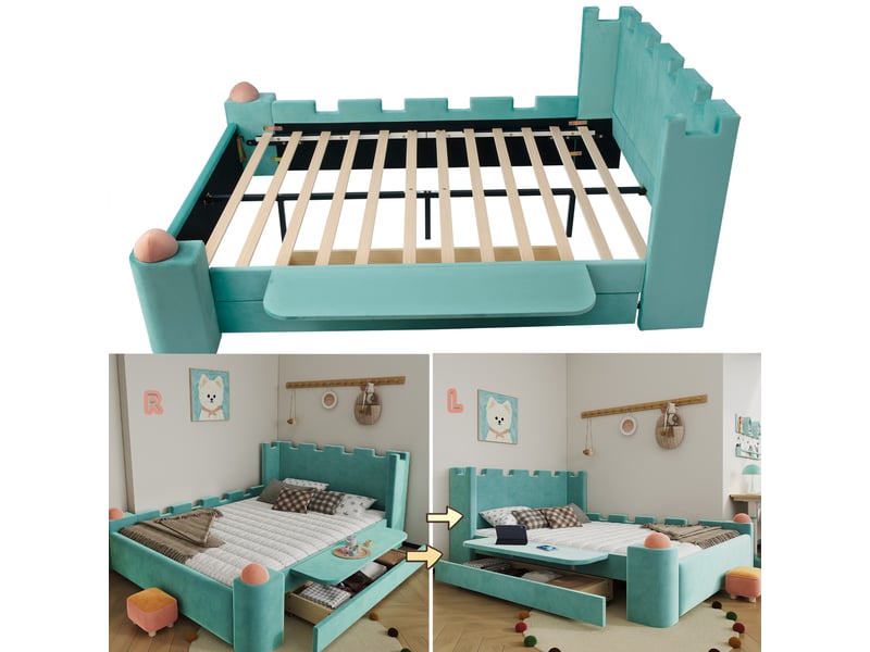  Lit enfant capitonné 140x200cm bleu-vert, design château, tablette rabattable et tiroir  - Conforama D