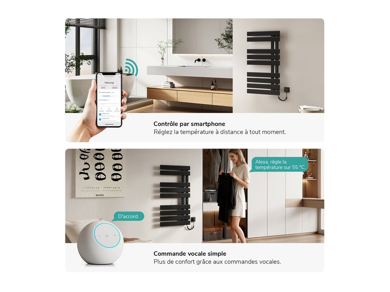 Sèche-serviettes électrique intelligent emke 1000 x 500 mm 320w, radiateur salle de bain connecté wifi, noir - Conforama C