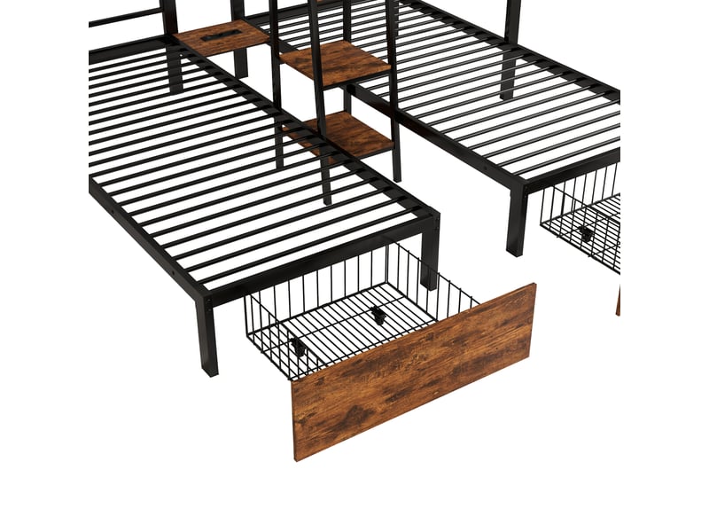 Lit superposé triple en l 229x201x160 cm, pour enfant et ado, design raffiné et polyvalent, rangement sous le lit, échelle, bibliothèque, métal noir - Conforama E