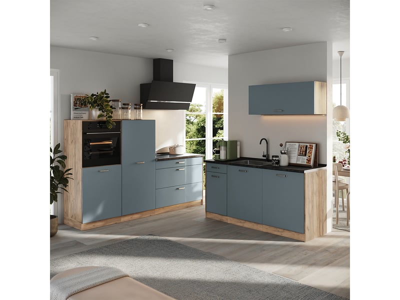  Vicco cuisine, bleu-grischêne doré, 220cm plan de travail chêne doré  - Conforama C