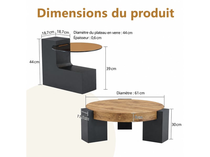 Table basse ronde 2 niveaux et table d'appoint modulable, plateau en verre marron transparent, pieds en l noirs en mdf, ø 61 cm. - Conforama C