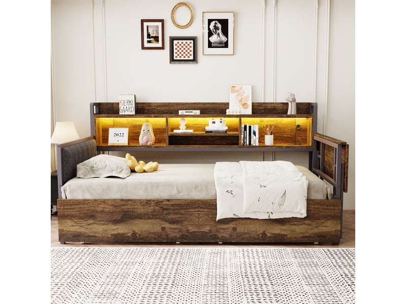  Lit avec rangement 90x200 cm coloris naturel led métal lit enfant naturel - Conforama D