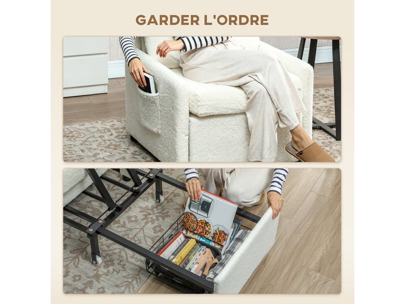  Fauteuil convertible 1 place, fauteuil-lit avec rangement caché, assise large et rembourrée, 72 x 85,5 x 91 cm, crème  - Conforama E