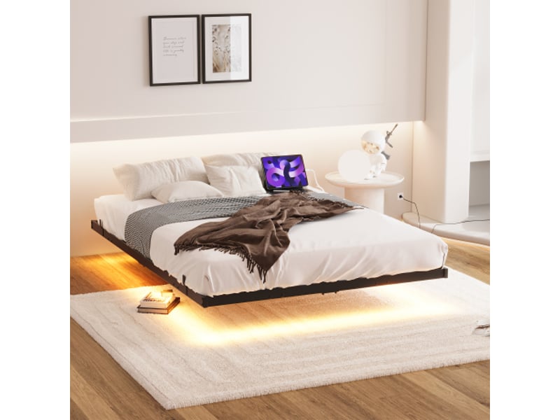  Cadre de lit flottant en métal 120x200 cm, led et usb, lattes robustes, noir, montage facile, design moderne  - Conforama E