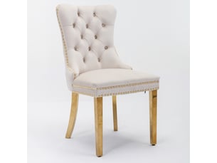 Lot de 2 chaises de salle à manger en velours beige pieds dorés capitonnées clous tapissier