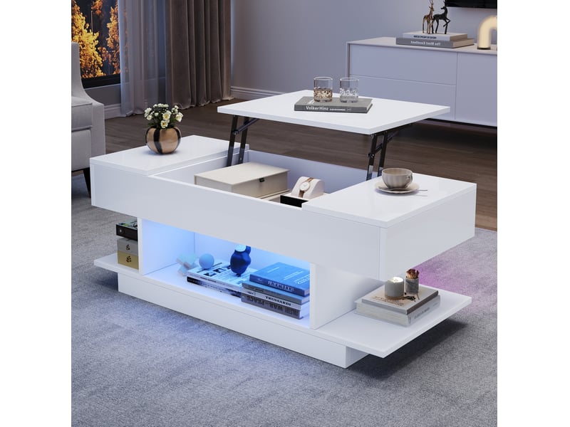  Table basse relevable 98x45x40 cm led panneau de particules blanc  - Conforama E