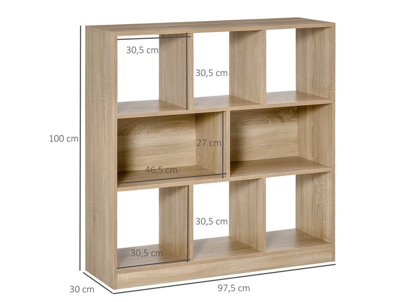 Bibliothèque design 97,5x30x100 cm – chêne clair – 3 niveaux, 8 compartiments ouverts pour salon et bureau  - Conforama C
