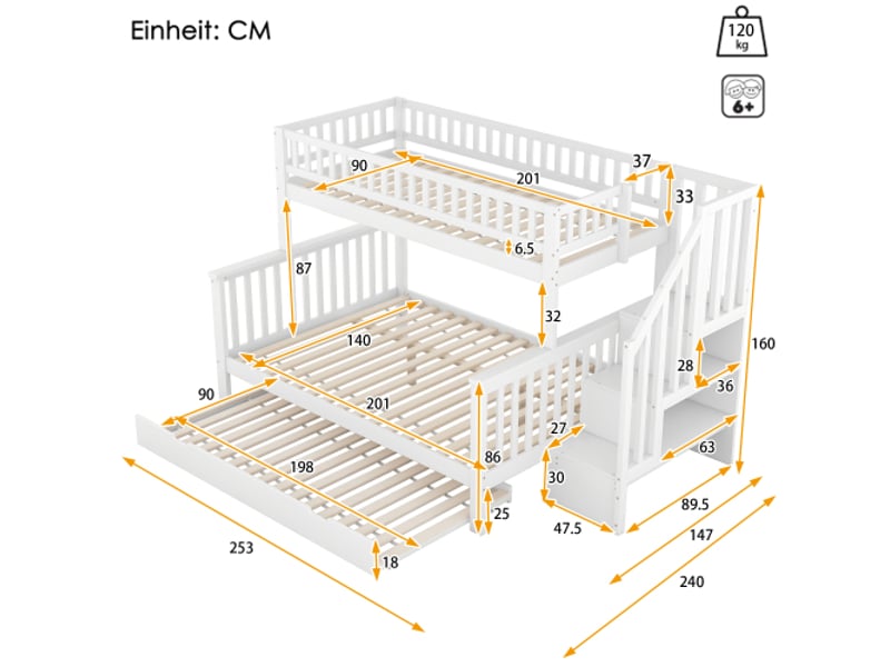  Lit enfant 90140x200cm,lit superposé,lit gigogne en pin avec escalier avec rangement et garde-corps,blanc lit enfant blanc - Conforama C