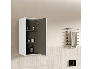 Armoire murale de salle de bain à porte sans poignée avec étagères intérieures, design rainuré blanc, en mdf