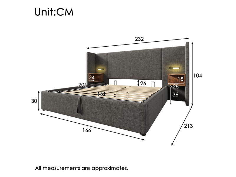  Lit coffre 160 × 200 cm 2 places avec étagères, lampe tactile, usb et type-c, matelas inclus, en tissu gris  - Conforama D