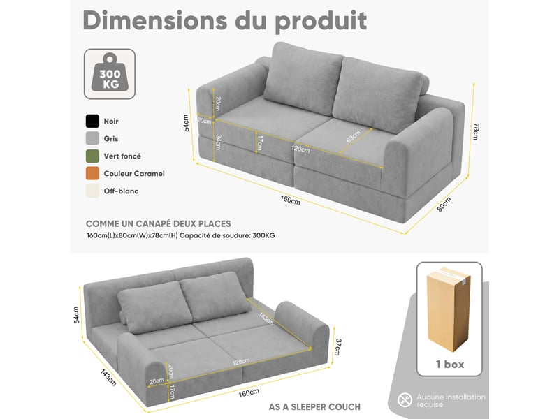  Canapé convertible 2 places en flanelle avec matelas mémoire de forme, canapé lit pliable gain de place pour salon et chambre - gris  - Conforama E